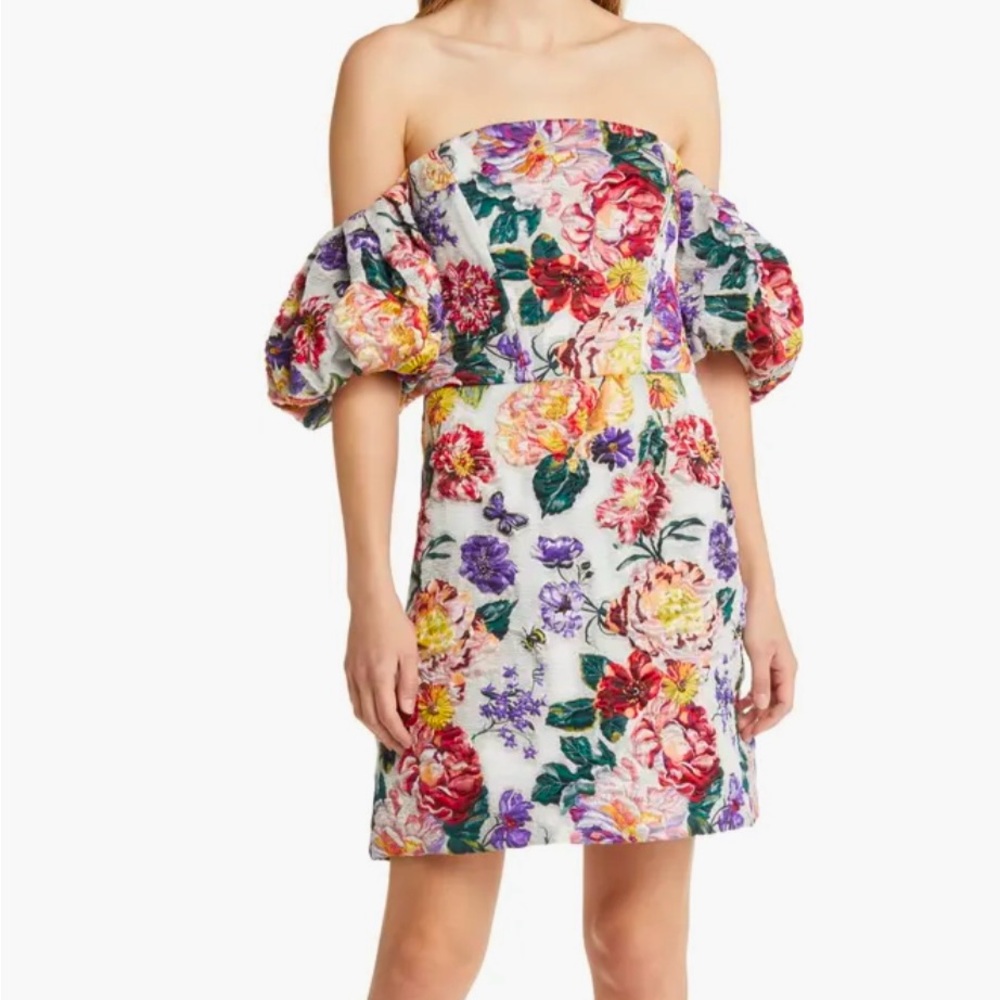 Marchesa Notte Floral Puff Sleeve Fil Coupé Cocktail Dress